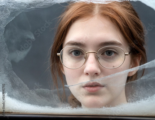 Young woman gazes through a frosted car window on a cold morning
