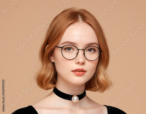 Portrait of a stylish young woman with glasses and a pearl choker
