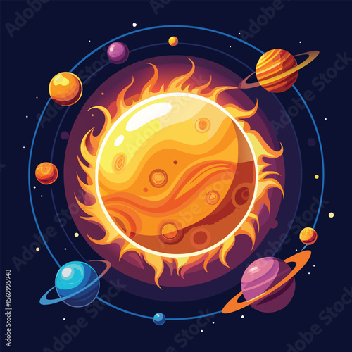 A Dramatic Vector Illustration of the Sun and Planets in Space, Glowing with Celestial Energy