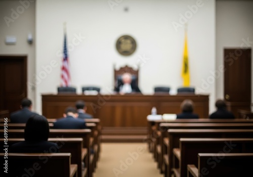 Courtroom Scene Blurred Perspective. Depicts a formal legal setting, conveying the gravity of judicial proceedings. The soft focus emphasizes the abstract concept of law and order.