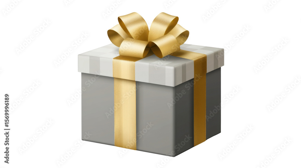Obraz premium A single beautiful grey gift box with golden ribbon on white background 