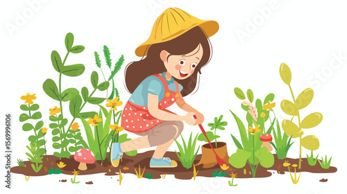 Joyful Little Gardener: Summer Fun, Planting Flowers, Child Happiness, Vector Illustration kid girl 