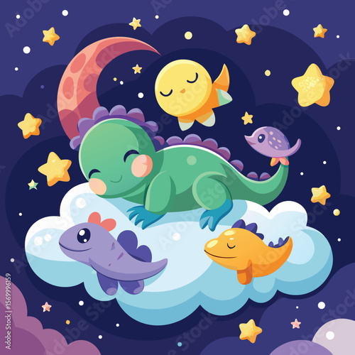 Sweet Dreams A Peaceful Scene of Baby Dinosaurs Sleeping on a Cloud