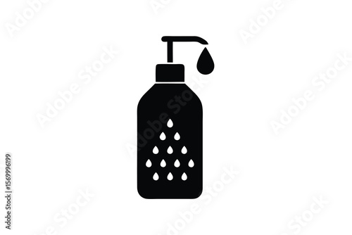Black silhouette of a pump bottle with a drop falling and liquid inside
