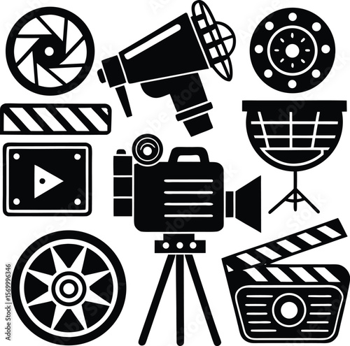 A vector illustration set of movie camera icons, symbols of film and cinema technology for web and media design, technology icon, movie projector, filming