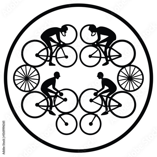 Cycling Silhouette Pattern Alternating Male Cyclists and Wheels