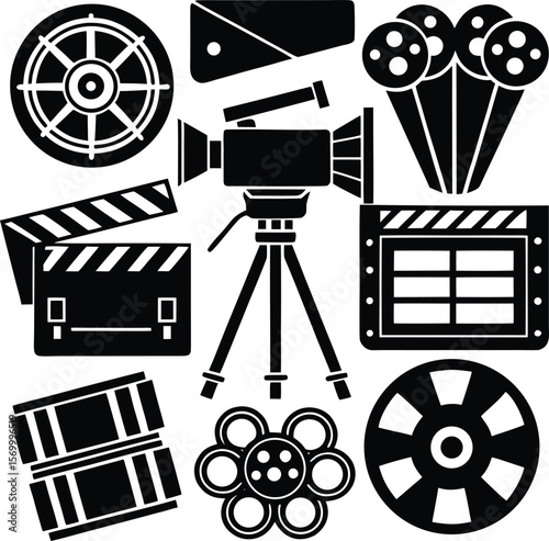 Vintage cinema film movie camera vector icon illustration set, motion, vintage style, timeless, classic film, old fashioned