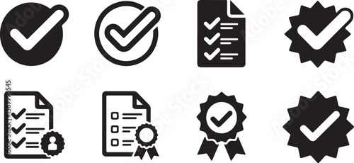 Black and White Checkmark Approval Icon Set Vector Glyph Illustrations Featuring Checkmarks in Circles Badges Documents and Checklist Icons