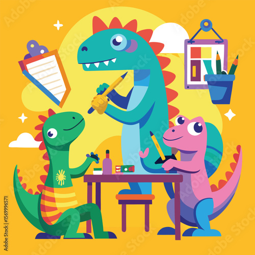 Adorable Dinosaurs at Work Painting, Writing, and Collaboration
