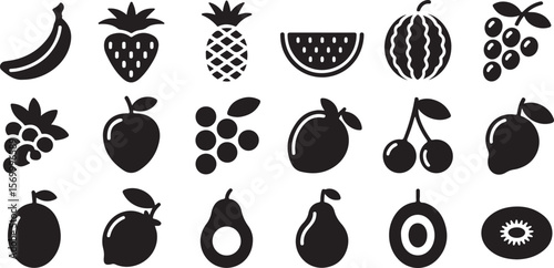 Black and White Glyph Icon Set of Various Fruits Including Banana Strawberry Pineapple Watermelon Grapes Mango Cherry Lemon Lime Pear Avocado Kiwi