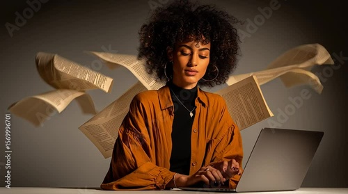 Young woman with curly hair, wearing an orange shirt, is focused on her laptop while pages float around her, illustrating creativity and inspiration in a modern workspace