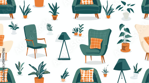 Cozy Living Room: Seamless Pattern with Lamps, Plants, and Furniture home sofa green house chair    