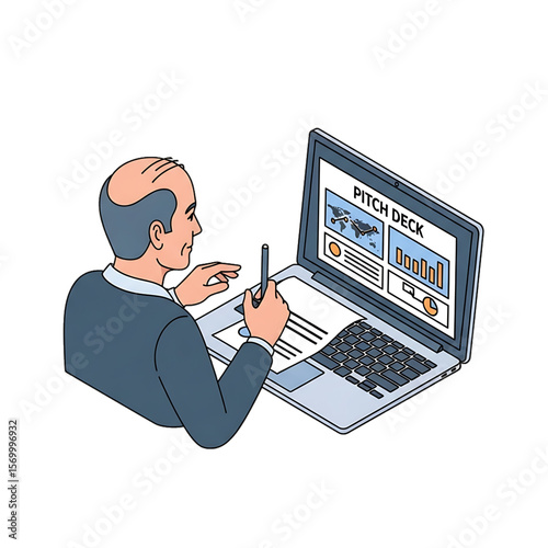 Executive reviewing pitch deck on laptop.