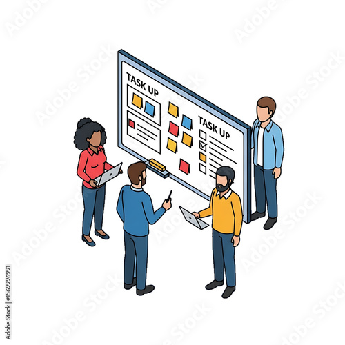 Group analyzing tasks on project management board.