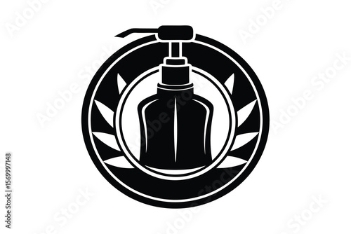 Stylized soap dispenser with laurel wreath in a circular emblem silhouette