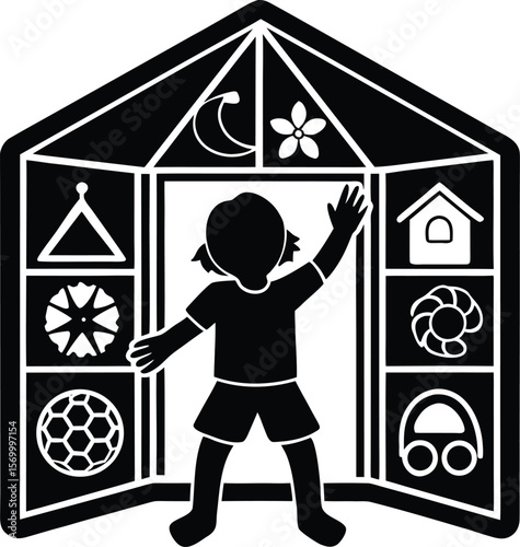 Little boy's cartoon house illustration with a red roof, door, and window, cheerful, vibrant, scene, storybook, style