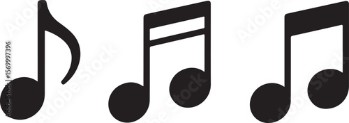 Set of three black musical notes icons isolated on white background eighth note quarter note half note simple minimalist design vector graphic element