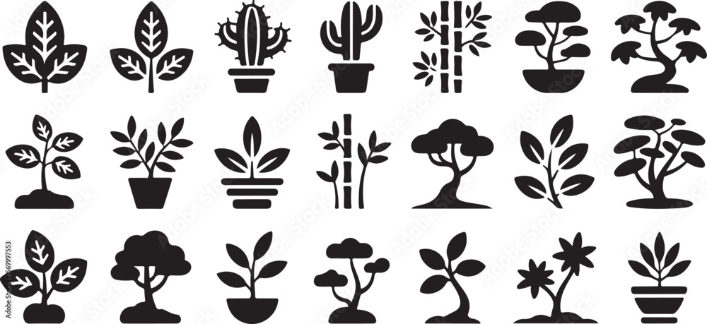 Fototapeta premium Thirty Black Glyph Plant Tree Icons Set Vector Illustration Featuring Various Plants Trees and Botanical Elements in a Simple Silhouette Style Against
