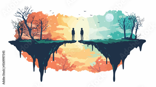Surreal Split: A Person Caught Between Two Worlds, Flat Vector Illustration, Isolated on White      