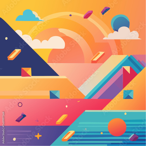 Vibrant Geometric Sunset Landscape Colorful Abstract Vector Art