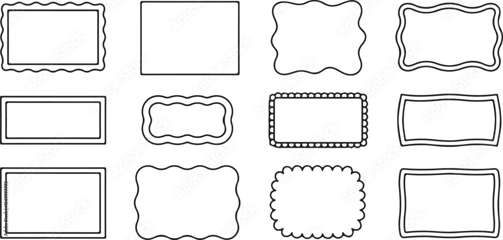 Obraz premium Twelve Black Outline Rectangle Frames with Varied Wavy and Scalloped Edges Set on White Background