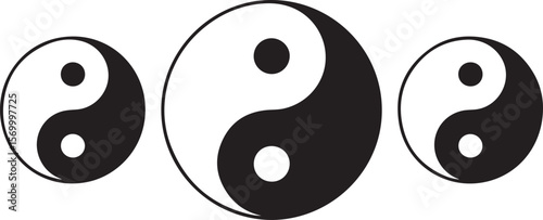 Three Black and White Yin Yang Symbols Isolated on Transparent Background Vector Graphic Design Element for Spirituality Harmony Balance Meditation