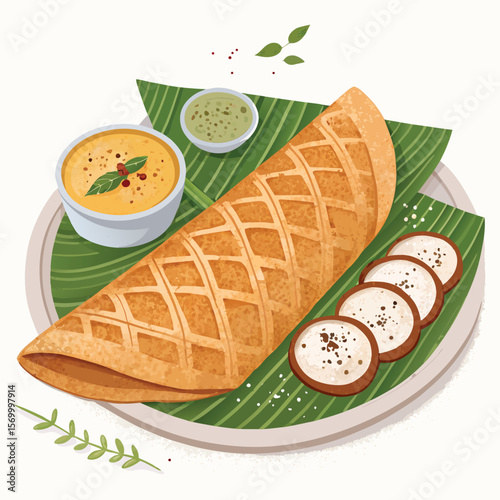 South Indian breakfast Masala dosa served with Coconut chutney and Sambar