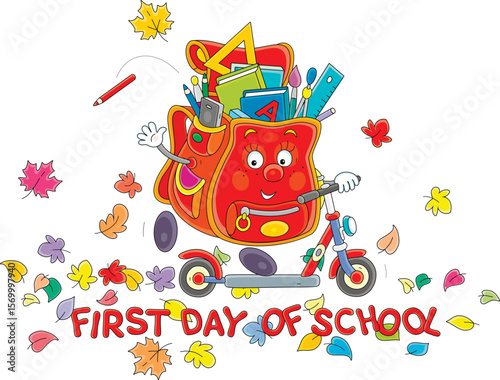 First day of school, cartoony Schoolbag merrily riding a small scooter to school through colorful fallen autumn leaves, vector cartoon illustration isolated on a white background