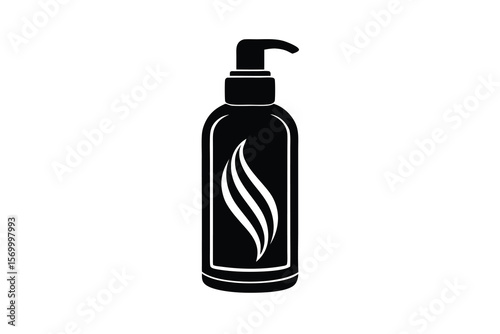Black silhouette of a tall bottle with a pump dispenser and abstract design