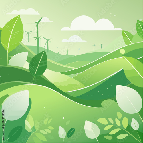 Eco-Friendly Green Landscape Vector Illustration of Nature with Wind Turbines