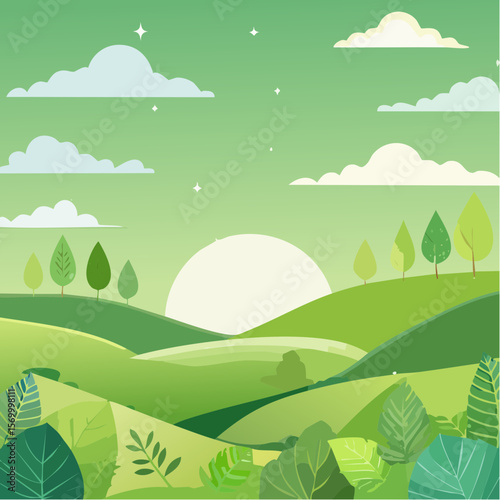 Eco-Friendly Green Landscape Vector Illustration of Rolling Hills, Lush Leaves, and Calm Sunset