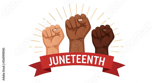 Three fists raised in solidarity for juneteenth celebration with red ribbon and light rays design