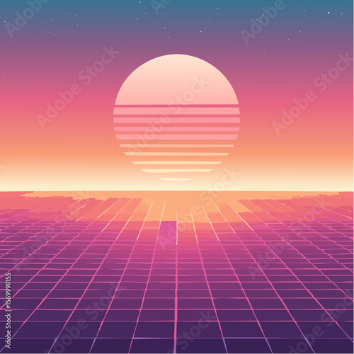 Retro 80s Synthwave Sunset Vector Background with Neon Grid