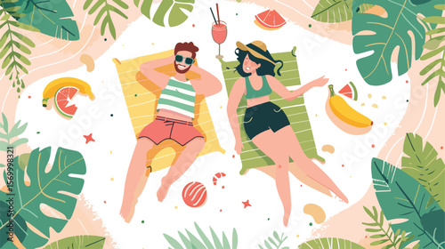 Sunny Summer Vibes: Flat Vector Illustration of Joyful Moments. Perfect for summer designs,         