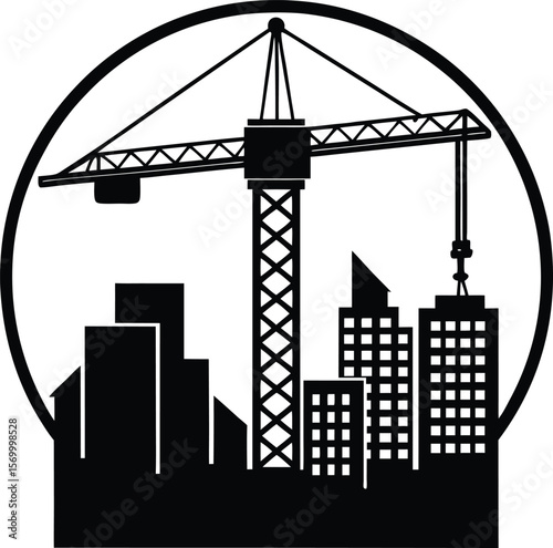 Modern Cityscape Construction Crane and Buildings Silhouette Emblem