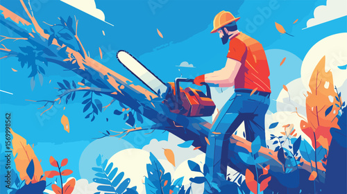 Powerful Lumberjack Felling a Tree, Safety First, Hard Hat Protection, Forestry, Woodcutter, Nature,