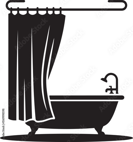 Silhouette of a classic bathtub with shower curtain and faucet in minimalist black and white style vector illustration

