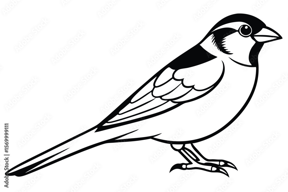 Obraz premium Black and White Illustration of a Perched Bird with Detailed Wing Feathers and Tail