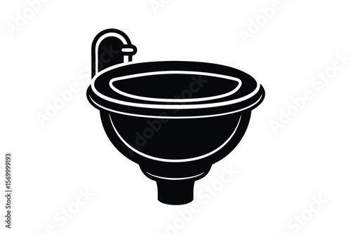 Simple black silhouette of a toilet bowl with a curved flush lever