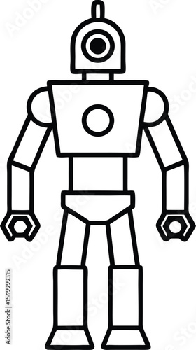 Robot: Futuristic robot ready for action, illustrated in a minimalist style with clean lines and geometric shapes, embodying modern technology and innovation.