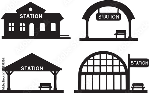 Black Silhouette Train Station Icons Set, Vector Illustration