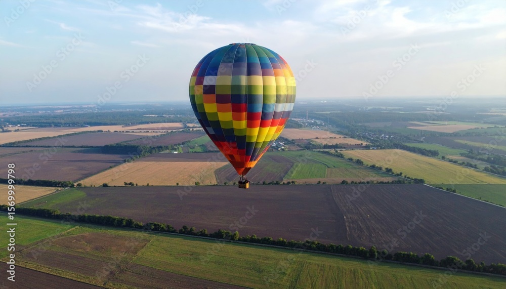 Obraz premium Colorful Hot Air Balloon Floating Over Scenic Patchwork Landscape