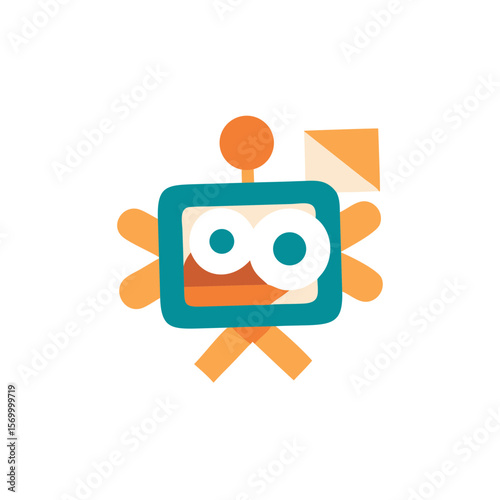 Colorful flat illustration of a whimsical robot character with large eyes, round head, and playful limbs, showcasing creativity and imagination in a fun design concept
