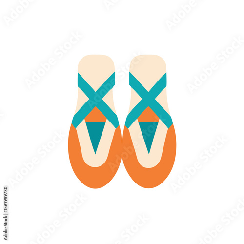 Colorful flat illustration of ballet shoes with turquoise ribbons and orange soles, showcasing artistic design and elegance, perfect for dance-related projects and creative expressions