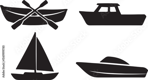 Black Silhouette Boats: Rowboat, Motorboat, Sailboat, Speedboat