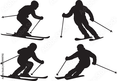 Silhouette Skiers Carving Downhill on Snowy Mountain Slopes