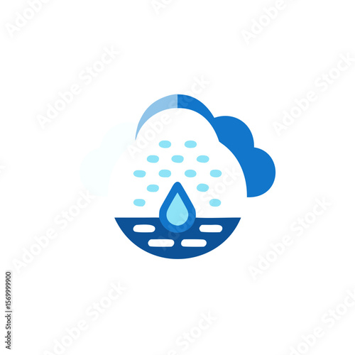 Colorful flat illustration of a cloud with raindrops falling, depicting a rainy weather scene with vibrant blue tones and a cheerful atmosphere for design purposes
