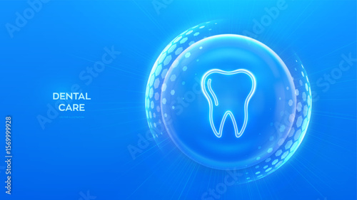 Dental protection. Dental care. Dentistry. Teeth care. Dental insurance and servises. Tooth icon inside protection sphere dome shield with hexagon pattern on blue background. Vector illustration.