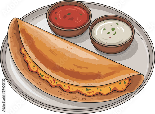 Delicious Dosa with Sauces on Plate, Vector Design, Transparent Background.