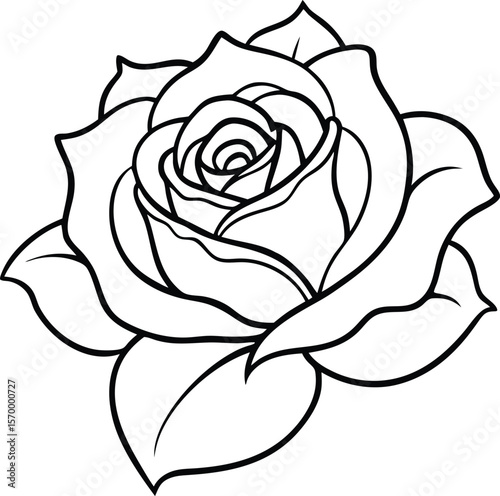 Rose outline: A graceful rose bud outline, with delicate petals and leaves, a testament to enduring beauty and perfect for design and decoration.
